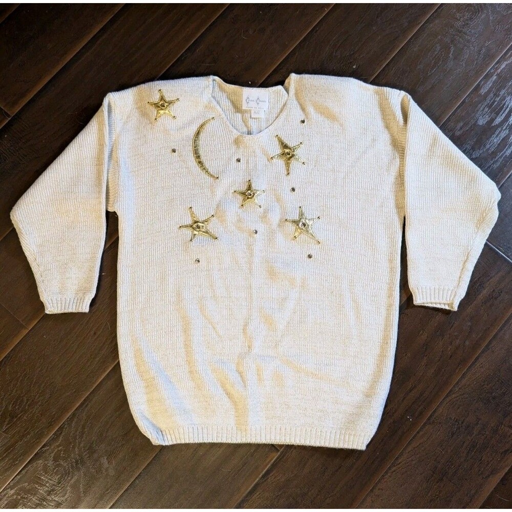 Vintage Knit Sweater Holiday Shimmer Moon Stars Embellished USA MADE